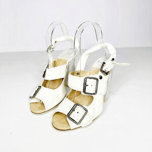 Dries Van Noten Buckle block heel Sandals white cream patent leather womens 37.5